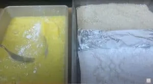 Egg wash and breadcrumb station for breading. Prepare for cooking with these essential ingredients in aluminum trays.